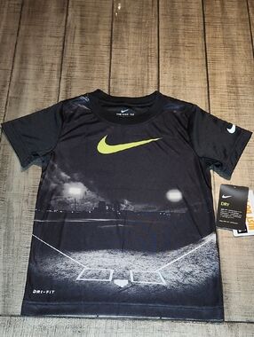 NWT Nike Black Tee with Neon Yellow Swoosh and Stadium Graphic